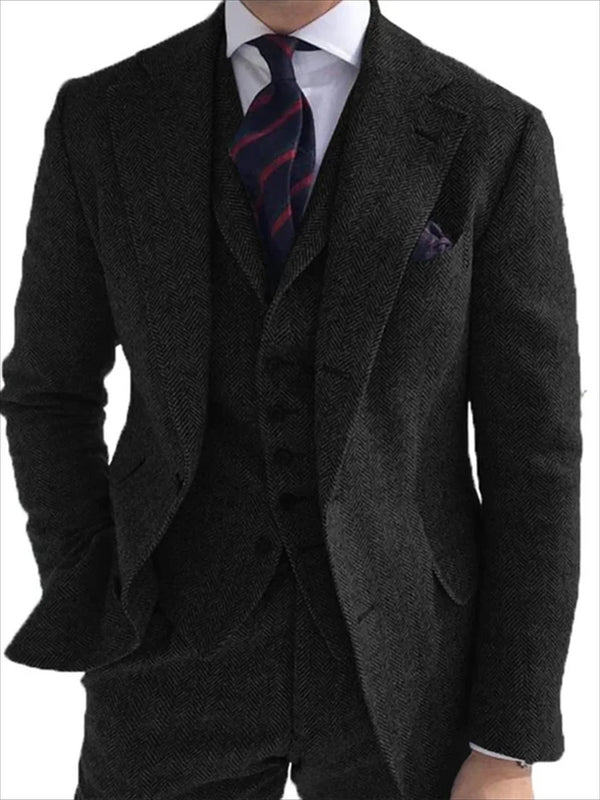 Elegant Men's 3-Piece Wool Tweed Herringbone Suit Set for All Seasons - Tuxedo Blazer, Trousers, and Waistcoat Combination